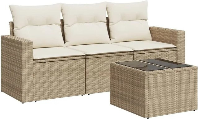 vidaXL 4-teilige Garten-Sofagarnitur aus Poly-Rattan mit Kissen in Beige-Creme - Bild 1