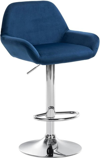 DELUKE Barhocker DUBLIN mit Lehne, Blau Samt, Chrom Metall, 360 Grad drehbar - Bild 1