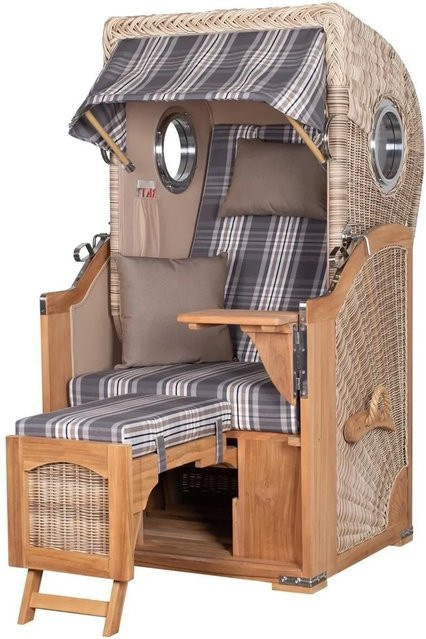 Bene Living Strandkorb Komplettset Ammersee Single Teak Bullauge PE Shell Modell 522 in Braun mit Liftersystem, Schutzhülle und Doppelrollen - Bild 1