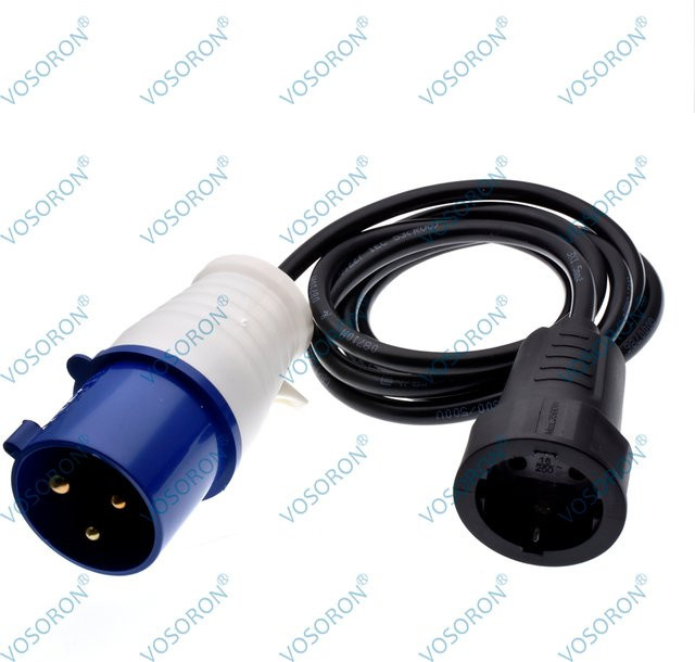 VOSORON Adapter von IEC 60309 332P6/316P6 auf Schuko CEE7/7 Steckdose, IP44, Blau, Kabellänge: 1 m - Bild 1