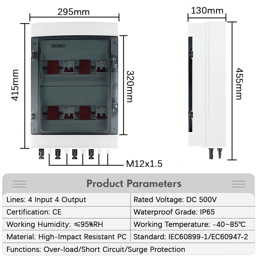 EARU Solar Photovoltaik PV Kombiniererbox mit 4 Eingängen und 4 Ausgängen, DC 500V, Überspannungs- und Blitzschutz, DC-Sicherung, MCB, SPD, wasserdichte IP65 Box, Farbe: Weiß, B/T/H: 45,5 x 29,5 x 13,0 cm - Bild 2