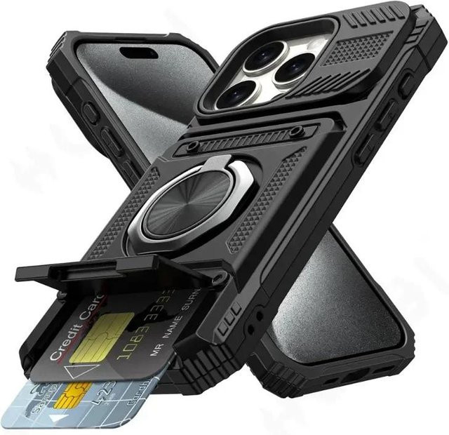 FAAGXUAA Magnetische Brieftaschenhülle für iPhone 16 in Schwarz mit drehbarem Ring-Ständer und robustem Sturzschutz - Bild 1
