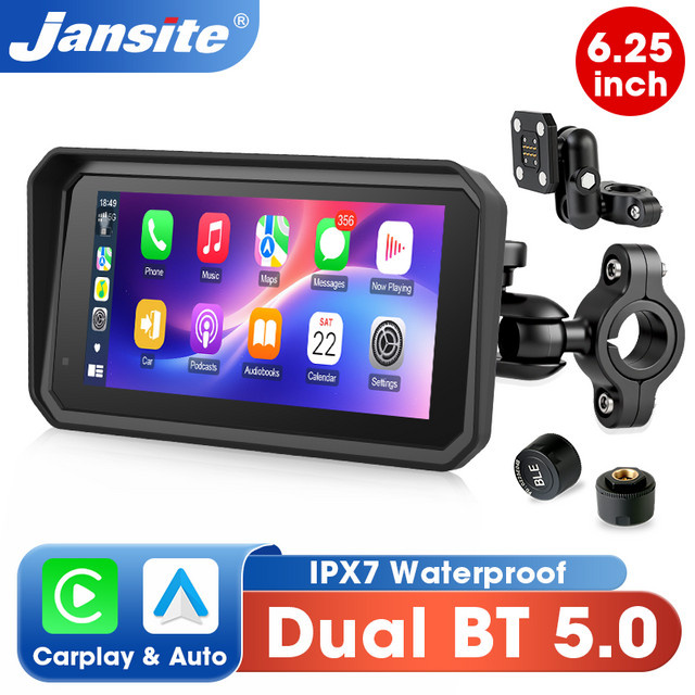 Jansite Wireless CarPlay Motorrad-Navigation mit 6,25 Zoll digitalem Dashboard, IP67 wasserdicht, Schwarz - Bild 1