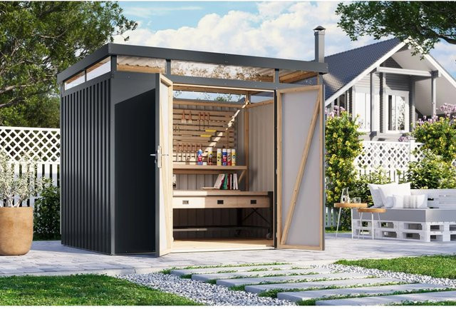 Karibu Metallgerätehaus Argos 3 in Anthrazit aus Trapezblech und Leimholz - Bild 1