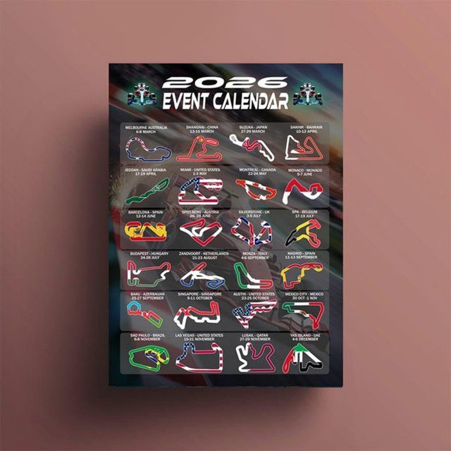 Formel Racing Event Kalender Poster 2026 mit Track Layouts und Nationalflaggen Wandkunstdruck von SHENCHEN, Multicolor, H: 33,0 cm, B: 24,0 cm - Bild 1