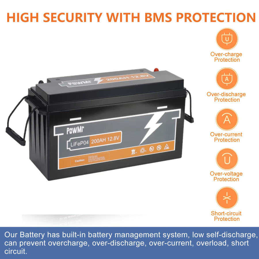 PowMr LiFePO4 Batterie 12,8V 200Ah mit integriertem BMS 2560Wh Deep-Cycle Lithium-Eisenphosphat-Batterie in Schwarz für Solarenergiespeicher, Wohnmobile, Boote, Off-Grid und USV - Bild 3