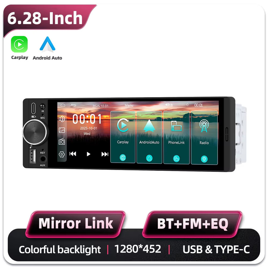 Podofo 1 Din Universal MP5 Autoradio mit 6,28 Zoll HD Touchscreen, kabelloses CarPlay, Android Auto, Mirror Link, Bluetooth und USB in Schwarz - Bild 5