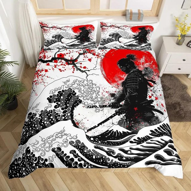 Japanisches Samurai Bettwäscheset mit Kirschblüten, Roter Sonne und Fuji Berg, Farbe Rot/Weiß, B/H: 140 x 210 cm - Bild 1