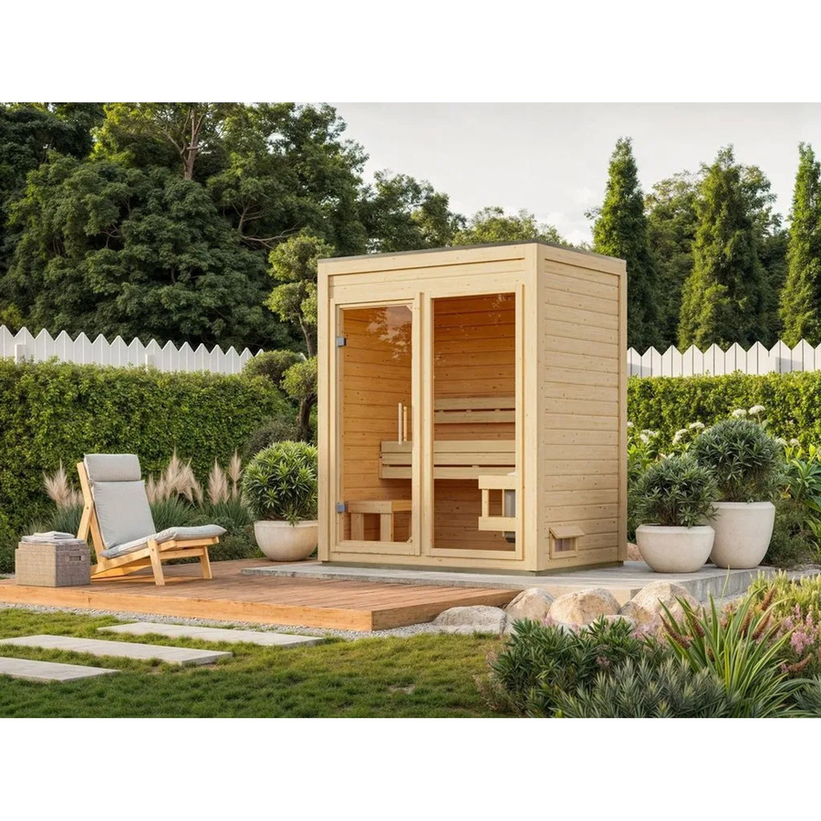 Karibu Gartensauna View Natur aus Fichte mit Klarglastür und Terrasse in Braun - Bild 2