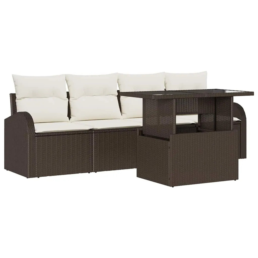 vidaXL Garten-Sofa-Set 5-teilig aus Poly-Rattan und Stahl in Braun mit Kissen in Creme-Braun - Bild 2