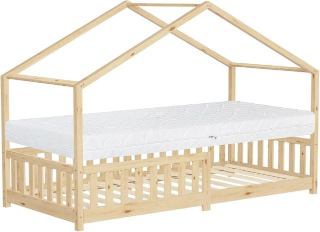 ML-Design Hausbett aus Kiefernholz mit Matratze in Natur, Beige und Weiß, B/T/H: 90 x 200 x 16 cm - Bild 1
