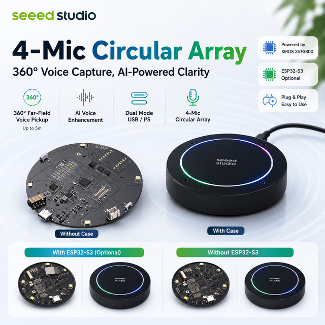 reSpeaker XMOS XVF3800 KI-gestütztes 4-Mikrofon-Array mit ESP32S3 für Fernfeld-Sprachaufnahme in Besprechungsräumen, Schwarz, Wi-Fi und Bluetooth - Bild 1