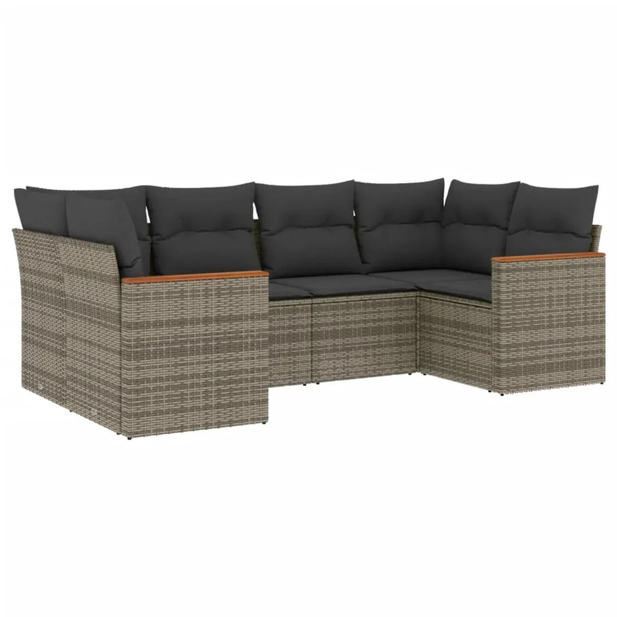 vidaXL 6-teilige Garten-Sofagarnitur in L-Form aus Poly-Rattan und Akazienholz mit Kissen in Grau - Bild 2