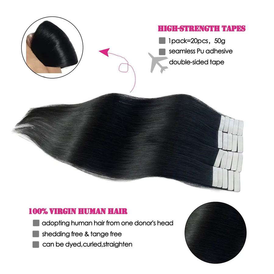 mayfive Tape-In-Haarverlängerungen Echthaar, Schwarz, gerade, 50 g - Bild 5