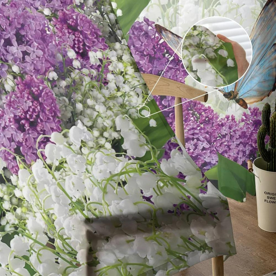 Yiran Furniture Transparenter Tüll-Vorhang mit Blumenstrauß und Schmetterling-Motiv in Multicolour, Organza-Voile mit Ösen, Breite: 135 cm, Höhe: 115 cm - Bild 2