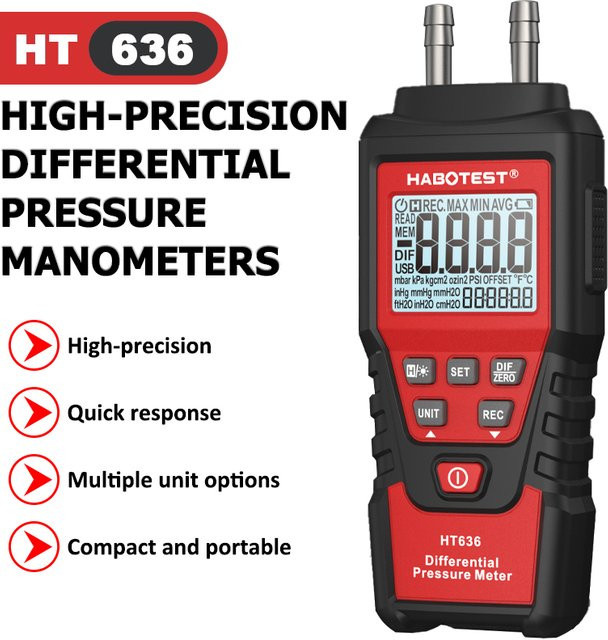 HABOTEST HT636 Digitales Differenzdruck-Manometer in Schwarz mit 12 Druckeinheiten zur Messung von Wind, Luftdruck und Differenzdruck - Bild 1