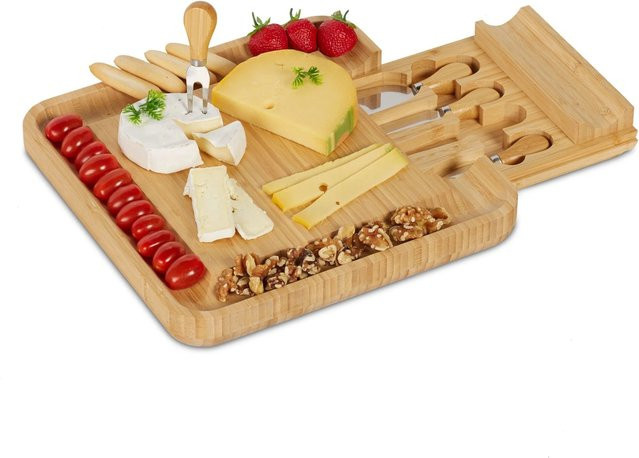 Relaxdays Käsebrett aus Bambus mit Edelstahl-Besteck Set in Natur, B/T/H: 33 x 33 x 4 cm - Bild 1