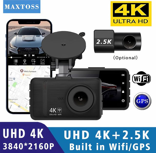 Maxtoss 4K Dash Cam mit Dual Objektiv, WIFI und GPS, Dashcam Set für vorne und hinten in Schwarz - Bild 1
