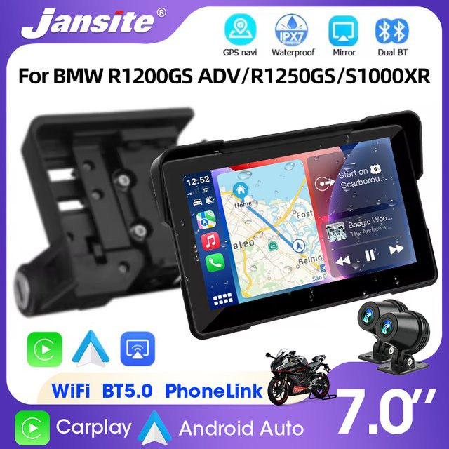 Jansite 7 Zoll Motorrad Dashboard mit drahtlosem CarPlay und Android Auto, tragbarer GPS Navigation Bildschirm in Schwarz für BMW R1200GS R1250GS S1000XR mit Bluetooth - Bild 1
