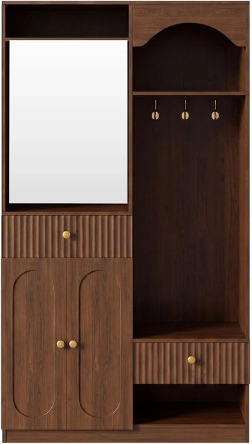 Merax Kompaktgarderobe mit Sitzbank, Spiegel und LED-Beleuchtung in Braun, Modernes Hallentree aus Holz und MDF, B/T/H: 100 x 35 x 180 cm - Bild 1
