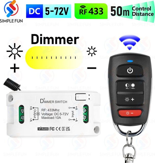 SLMPLEFUN Wireless Dimmer Fernbedienung und Mini-Empfänger 433MHz für LED-Helligkeitseinstellung DC 5V-72V - Bild 1
