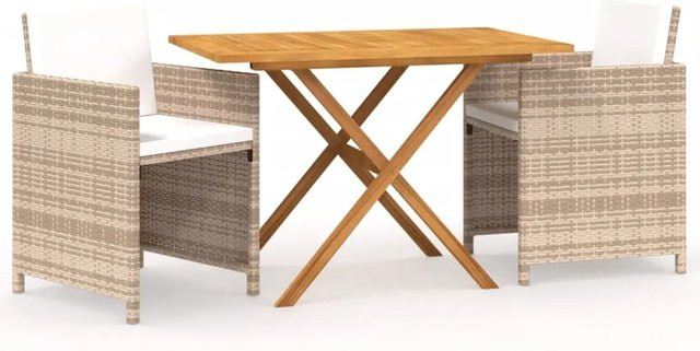 vidaXL 3-teilige Garten-Essgruppe aus Akazien-Massivholz mit Kissen in Beige und Cremeweiß - Bild 1