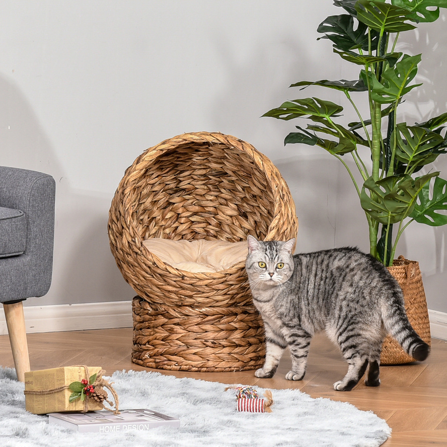 PawHut Katzenhöhle aus Rattan mit Kissen in Hellbraun, B/T/H: 50 x 42 x 60 cm - Bild 2