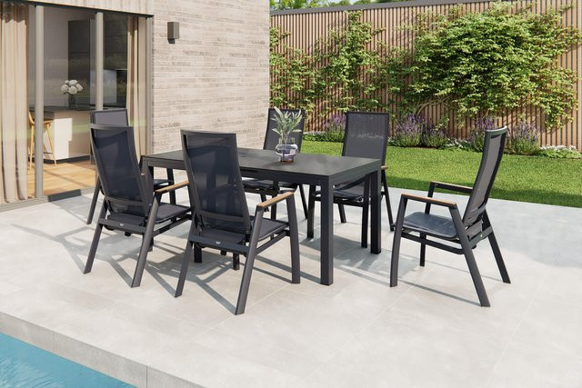 Siena Garden Garten-Essgruppe Miros/Rondo in Anthrazit mit Ausziehtisch und 6 Stapelsesseln aus Aluminium und Ranotex-Gewebe, Tisch B: 180 bis 240 cm, B: 90 cm, H: 76 cm - Bild 1
