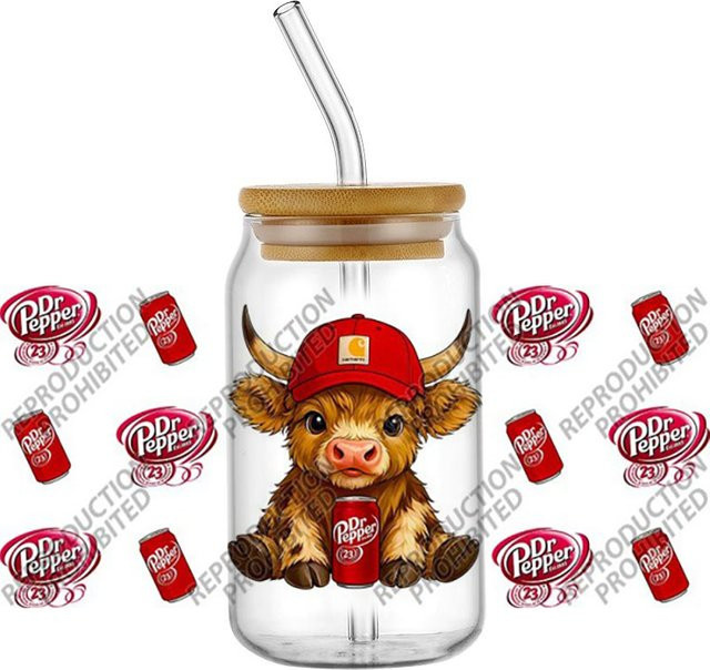 Highland-Kuh Dr. Pepper UV DTF 3D-Transfer-Sticker für Glasbecher und DIY-Bastelarbeiten, Mehrfarbig - Bild 1