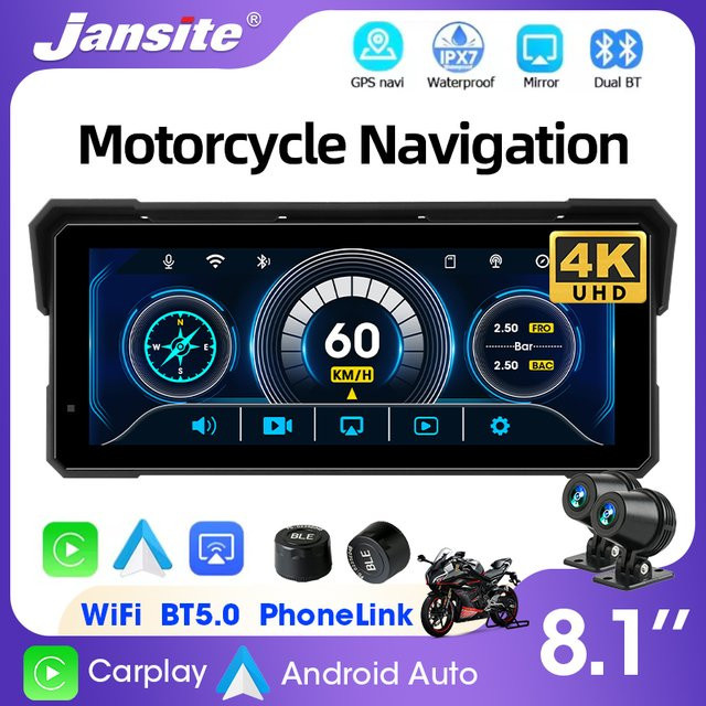 Jansite Tragbarer Motorrad Recorder mit 4K UHD Auflösung, IP67 Wasserdicht, GPS Navigation, Wireless CarPlay und Android Auto, Farbe: Schwarz, Displaygröße: 7 bis 8,1 Zoll - Bild 1