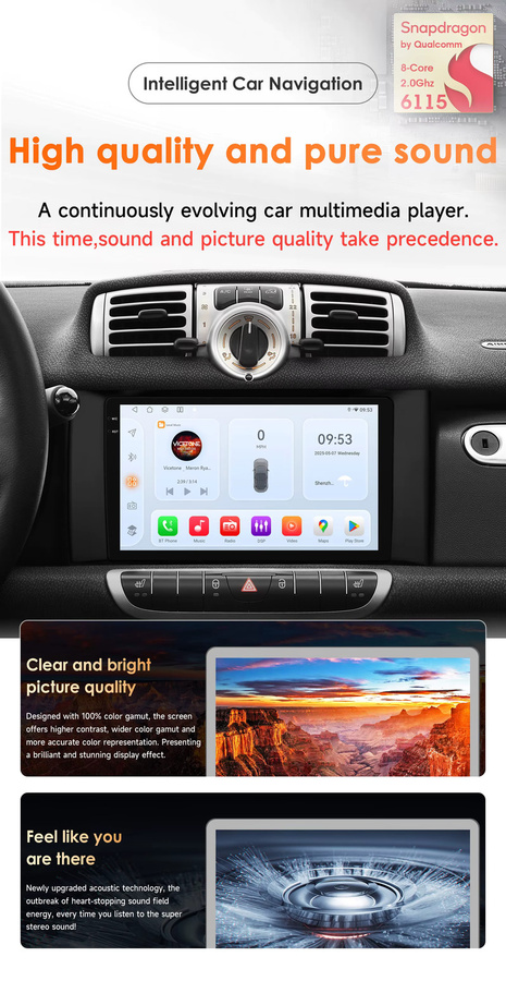 OSSURET Android 14 Autoradio für Smart fortwo 451 (2011-2015), 9 Zoll Display, Snapdragon 6115 Octa Core, kabelloses CarPlay und Android Auto, GPS-Navigation, Bluetooth, DSP, Schwarz - Bild 2