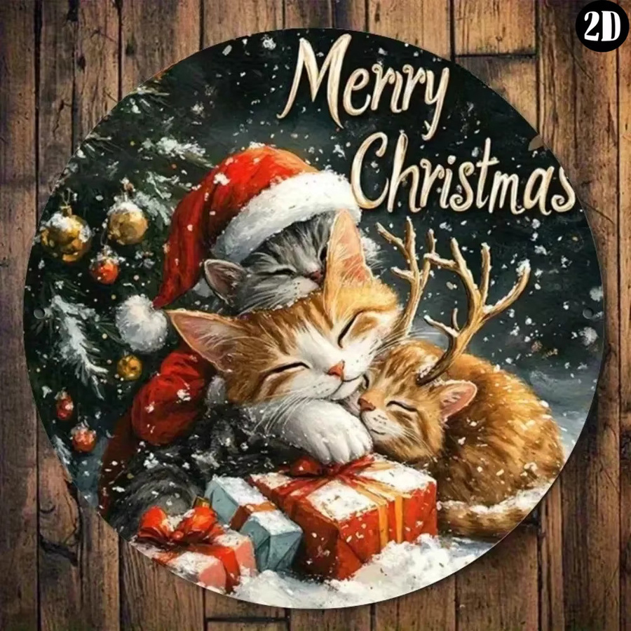 HELLOYOUNG Merry Christmas Weihnachtsschild mit Katzen- und Rentiermuster, rund, mehrfarbig - Bild 2