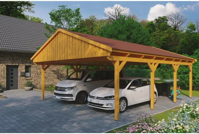 Skan Holz Carport Fichtelberg aus Fichte und Leimholz mit spitzer Dachform, Farbe: beige/nussbaum, B/T: 618 x 808 cm, Höhe: 362 cm - Bild 1