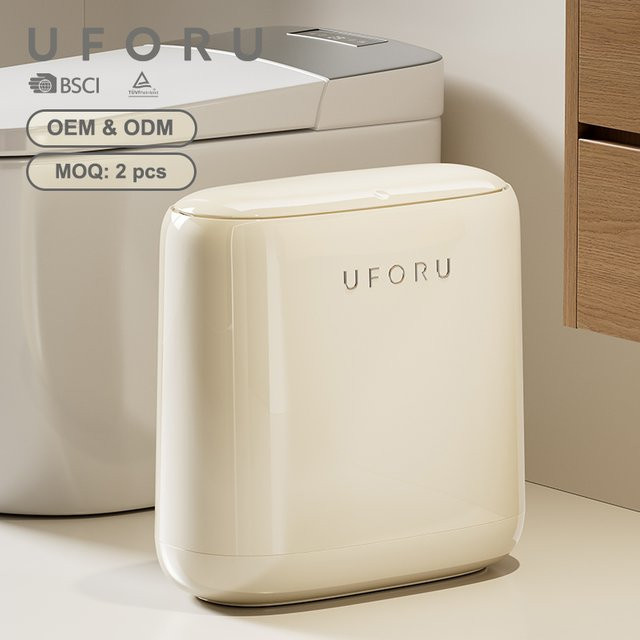UFORU Gänseei-Mülleimer mit Touch-Funktion für Badezimmer und Küche, platzsparender Schlitz-Mülleimer aus Kunststoff in Grün und Beige - Bild 1