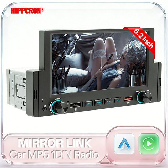 Hippcron 1Din Autoradio mit 6,2 Zoll HD Touchscreen, Carplay, Android Auto, Bluetooth und Dual USB in Schwarz - Bild 1