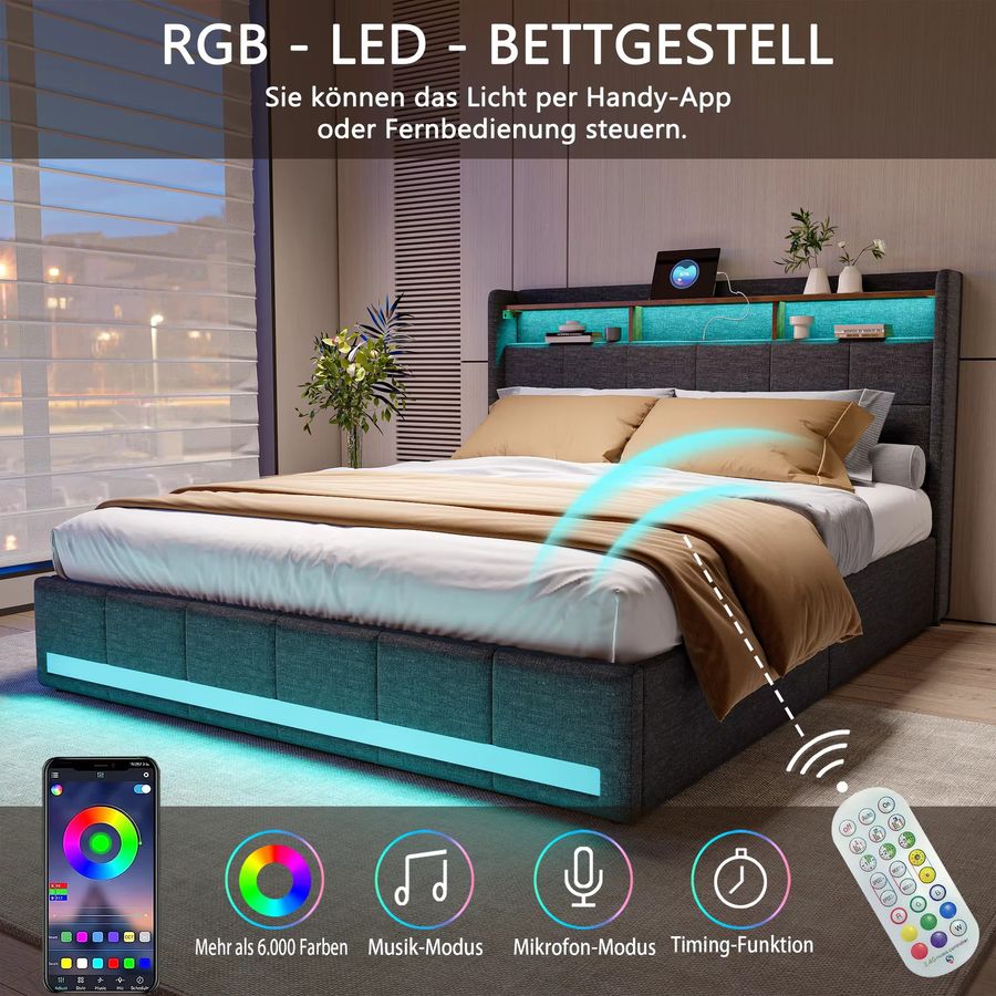 Rosahqnda Polster-Doppelbett in Beige mit Stauraum, 4 Schubladen und LED-Beleuchtung, B/T/H: 160 x 200 cm - Bild 2