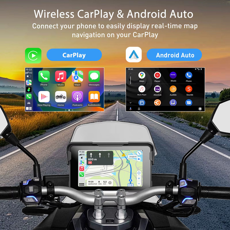 ESSGOO 5 Zoll tragbares Motorrad-Display mit kabellosem CarPlay und Android Auto, IP67 wasserdicht, GPS-Navigation und Bluetooth, Farbe: Schwarz - Bild 3