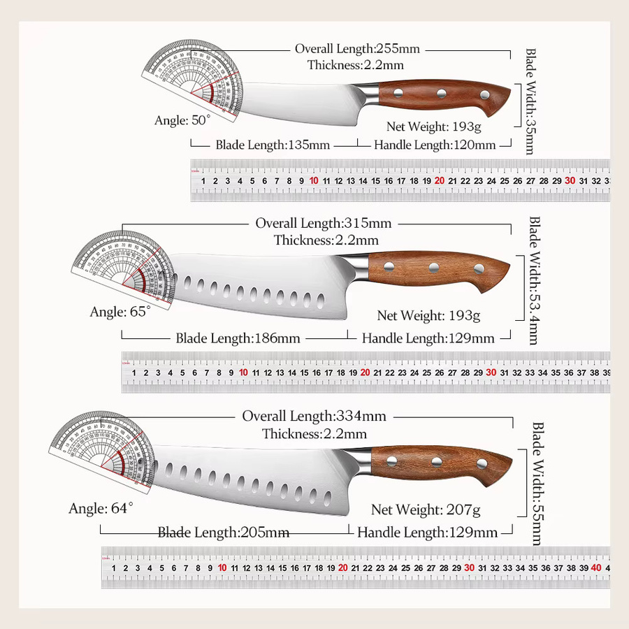 HEZHEN 3-teiliges Küchenmesser-Set mit Santoku-Allzweckmesser und Redwood-Griff in Braun - Bild 2