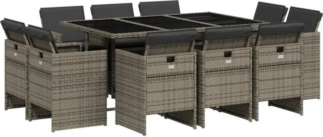 vidaXL 11-teilige Garten-Essgruppe aus Poly-Rattan mit Kissen in Grau und Hartglas-Tischplatte - Bild 1