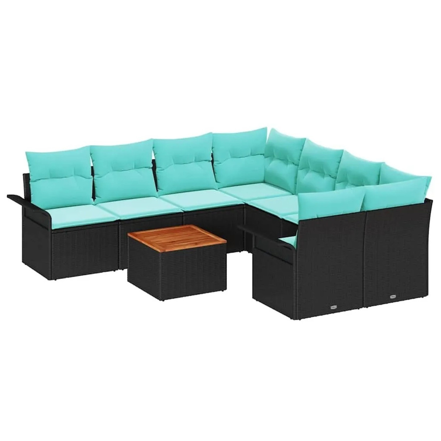 vidaXL Gartensofa-Set aus Poly-Rattan in Schwarz und Türkis mit 9 Teilen, bestehend aus Ecksofas, Mittelsofas, Armlehnensofas und einem Gartentisch mit wetterfesten Polstern - Bild 2