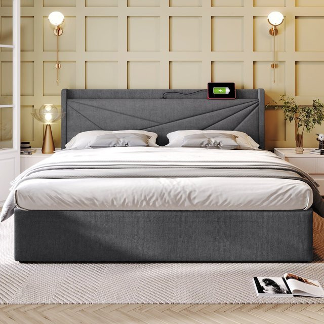 Modernes Doppelbett Aosom mit Stauraum und USB-Typ-C-Ladefunktion aus Leinen in Grau, B/T/H: 160 x 200 x 107 cm (Höhe: 166 cm) - Bild 1