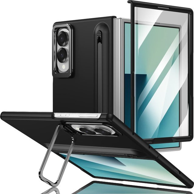 Scharnierschutz Handyhülle für Samsung Galaxy Z Fold 7 6 5 4 Ultra mit Stylus Stift, gehärtetem Glas für das Objektiv und Ständer in Schwarz - Bild 1