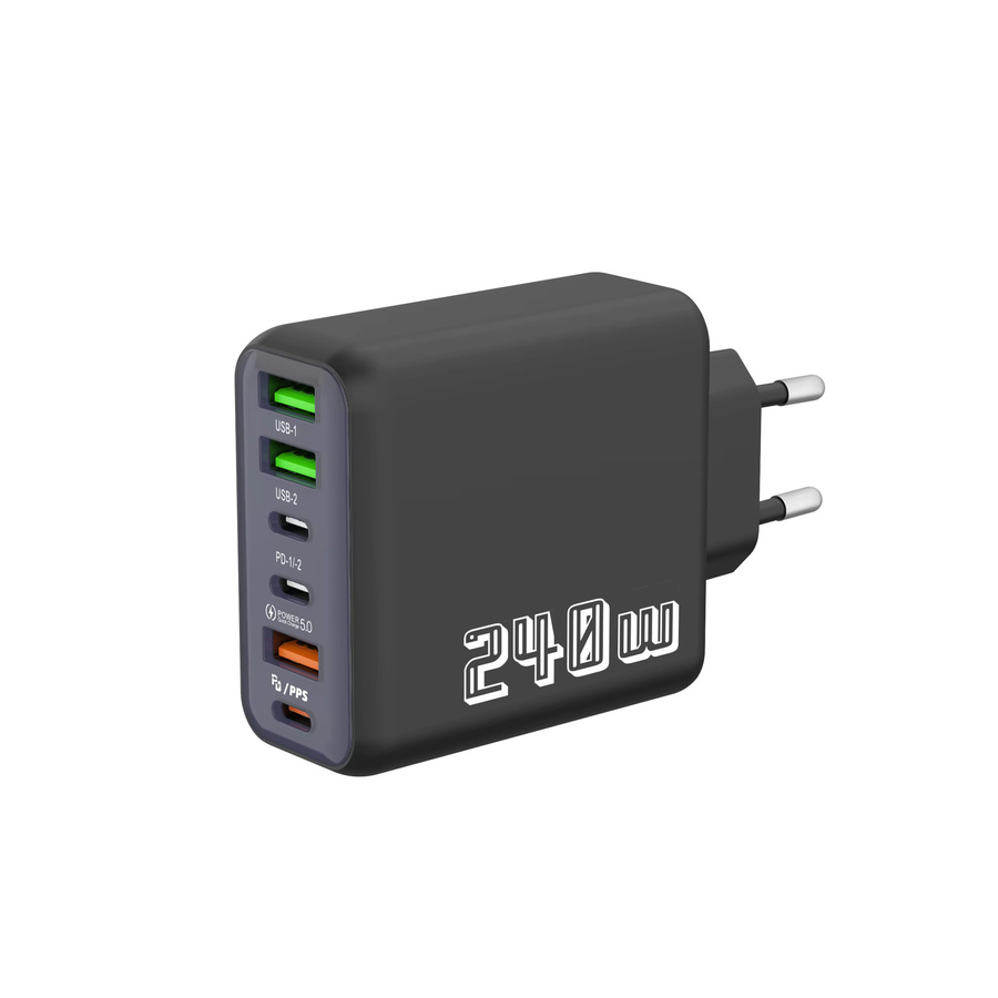 6-Port USB-C PD Schnellladegerät 240W mit USB 3.0 Typ-C Ladeadapter in Schwarz für iPhone, Samsung und Xiaomi - Bild 1