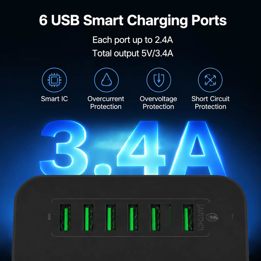 EU-Steckdosenleiste mit 3 Steckdosen und 6 USB-Anschlüssen inklusive USB-C, 2500W Verlängerungskabel mit 2m Länge und Überspannungsschutz für Zuhause und Büro - Bild 3