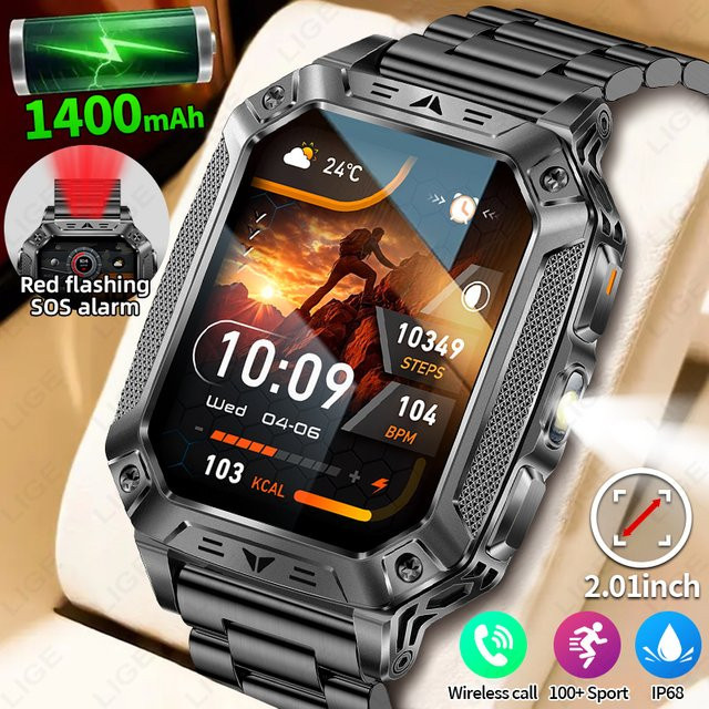 LIGE Militär-Smartwatch für Herren mit Bluetooth-Anruf, Sport-Fitness-Tracker und Taschenlampe, 1400mAh Akku - Bild 1