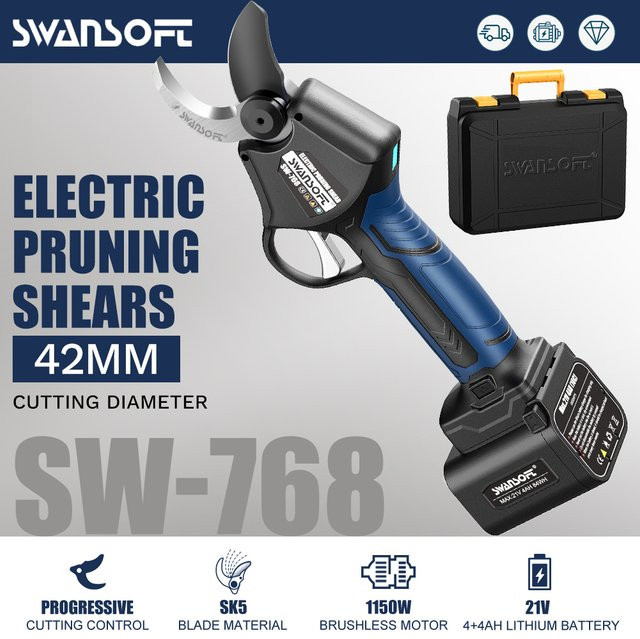 SWANSOFT Elektrische Kabellose Astschere SW-768 mit 1150W Bürstenlosem Motor, 42mm Progressiver Schneidkopf und 21V Akku, Schwarz - Bild 1