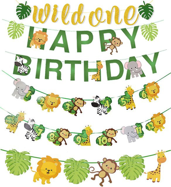Cyuan Wild Jungle Safari Fotobanner für den 1. Geburtstag mit Löwe und Tiger Tiermuster in Grün aus Papier - Bild 1