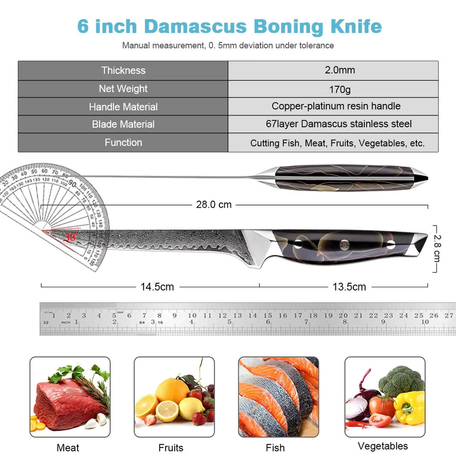 Xituo Filetmesser aus Damaststahl mit flexibler Klinge und Kupfer-Platin-Harz Griff in Multicolour, 15,24 cm - Bild 2
