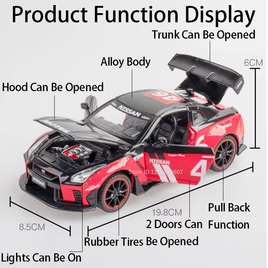 MAKEDA GTR Modifiziertes Auto, Diecast Modell, Maßstab 1:22, mit Licht und Sound, Metall, Rot - Bild 2
