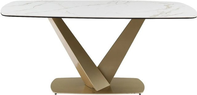 Vente-unique Esstisch Porelima in Weiß mit Marmor-Optik und Gold-Details aus Keramik und Metall, Breite: 180 cm - Bild 1